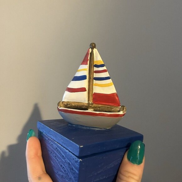 Lighthouse Small Trinket Jewelry Box Sailboat Coastal Beachy Nautical Blue Red - Picture 6 of 10
